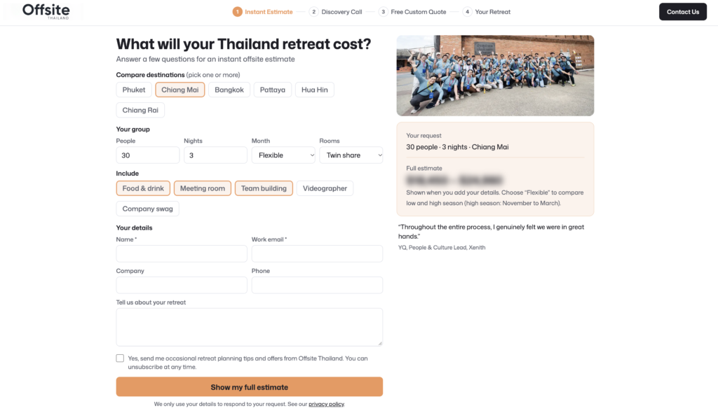 corporate retreat estimation calculator. how much does it cost