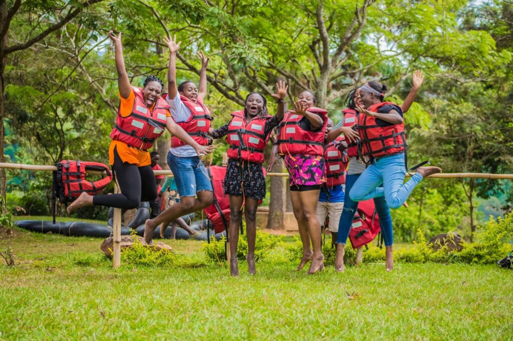 group team building activity wearing life jackets